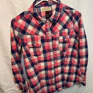 Bit & Bridle Womens Shirt Size S Pink Purple Plaid Western Horse Collared Snap
